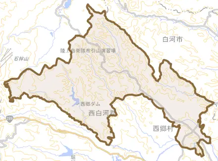 大字羽太とその周辺の地図。町の範囲を重ねている