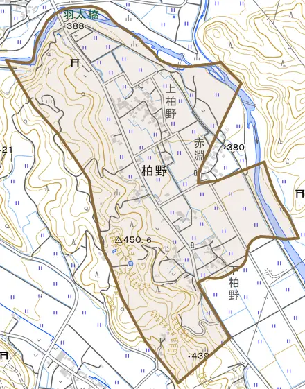 大字柏野とその周辺の地図。町の範囲を重ねている