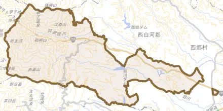 大字真船とその周辺の地図。町の範囲を重ねている