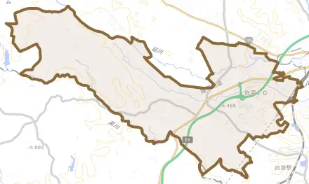 大字小田倉とその周辺の地図。町の範囲を重ねている
