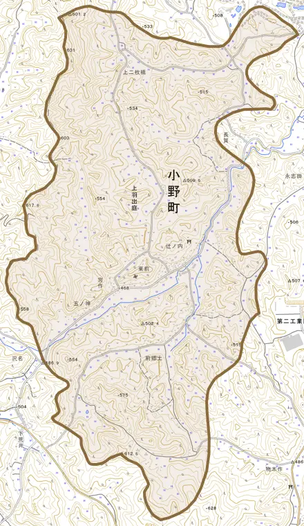 大字上羽出庭とその周辺の地図。町の範囲を重ねている