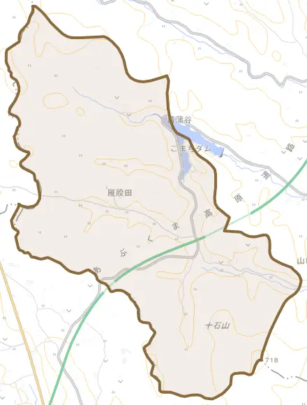 大字雁股田とその周辺の地図。町の範囲を重ねている