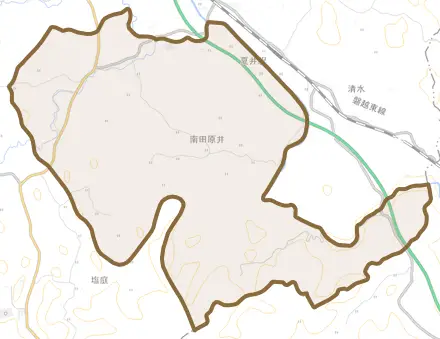 大字南田原井とその周辺の地図。町の範囲を重ねている