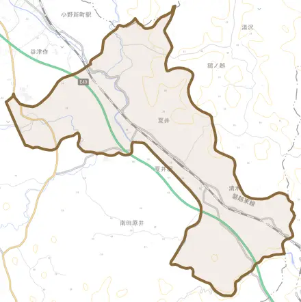 大字夏井とその周辺の地図。町の範囲を重ねている