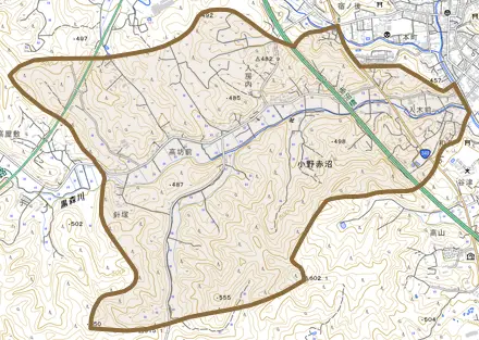大字小野赤沼とその周辺の地図。町の範囲を重ねている