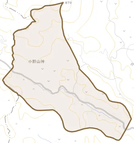 大字小野山神とその周辺の地図。町の範囲を重ねている
