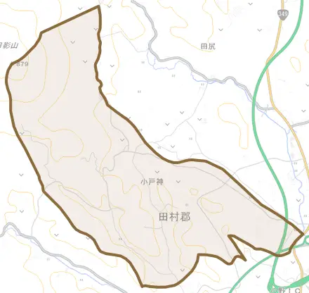 大字小戸神とその周辺の地図。町の範囲を重ねている