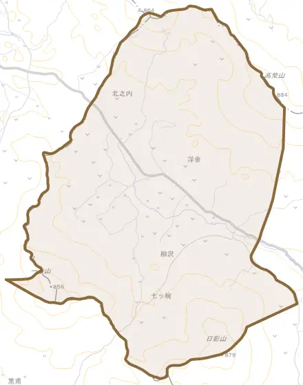 大字浮金とその周辺の地図。町の範囲を重ねている