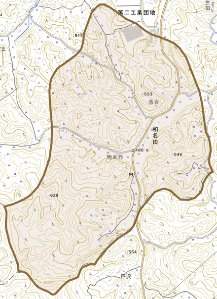 大字和名田とその周辺の地図。町の範囲を重ねている