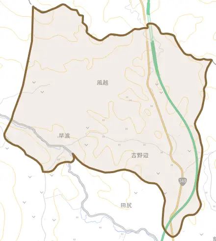 大字吉野辺とその周辺の地図。町の範囲を重ねている