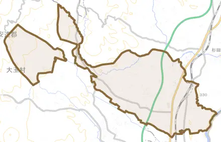 大山とその周辺の地図。町の範囲を重ねている
