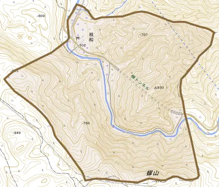 大字枝松とその周辺の地図。町の範囲を重ねている