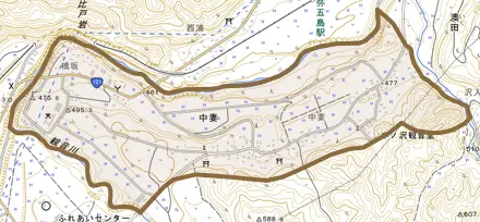 大字中妻とその周辺の地図。町の範囲を重ねている