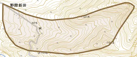 大字野際新田とその周辺の地図。町の範囲を重ねている