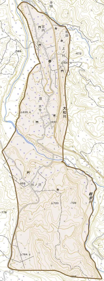 大字大松川とその周辺の地図。町の範囲を重ねている