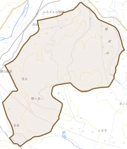 大字沢田とその周辺の地図。町の範囲を重ねている