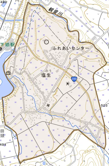 大字塩生とその周辺の地図。町の範囲を重ねている