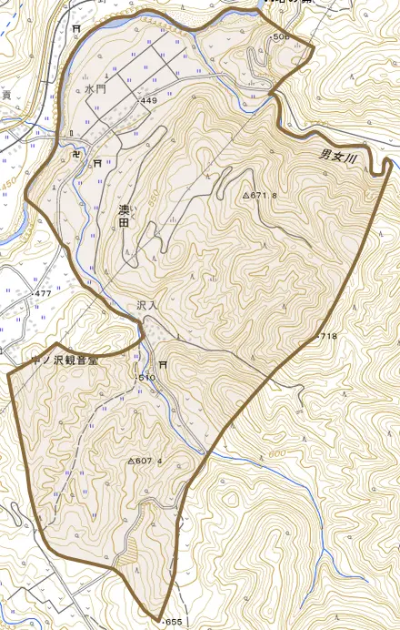 大字澳田とその周辺の地図。町の範囲を重ねている