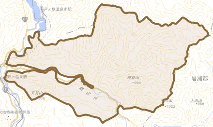 大字高陦とその周辺の地図。町の範囲を重ねている