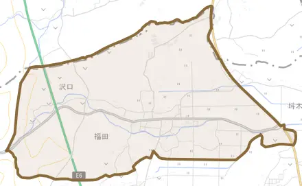 大字福田とその周辺の地図。町の範囲を重ねている