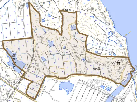 今泉とその周辺の地図。町の範囲を重ねている