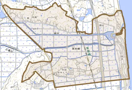 大字埓木崎とその周辺の地図。町の範囲を重ねている