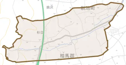 杉目とその周辺の地図。町の範囲を重ねている