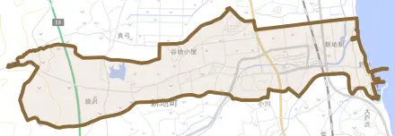 谷地小屋とその周辺の地図。町の範囲を重ねている