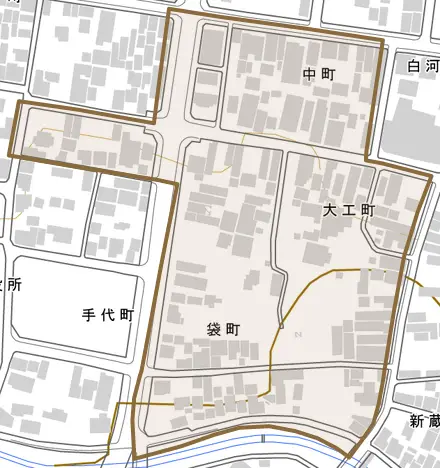 大工町とその周辺の地図。町の範囲を重ねている