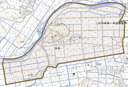 舟田とその周辺の地図。町の範囲を重ねている