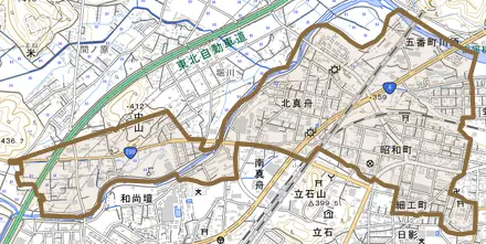 五番町川原とその周辺の地図。町の範囲を重ねている