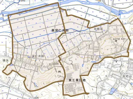東深仁井田とその周辺の地図。町の範囲を重ねている