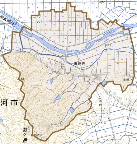 東蕪内とその周辺の地図。町の範囲を重ねている