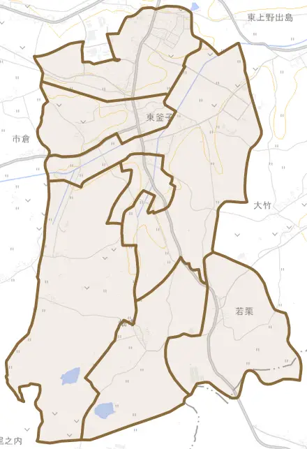 東釜子とその周辺の地図。町の範囲を重ねている