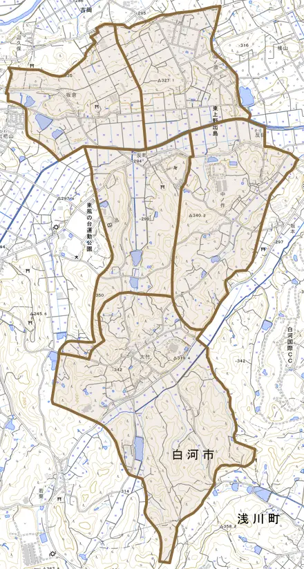 東上野出島とその周辺の地図。町の範囲を重ねている