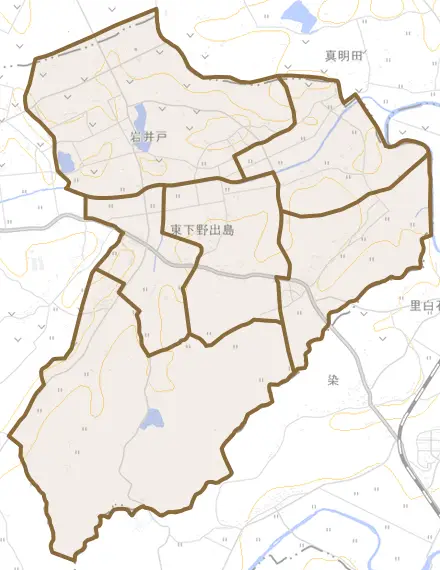 東下野出島とその周辺の地図。町の範囲を重ねている