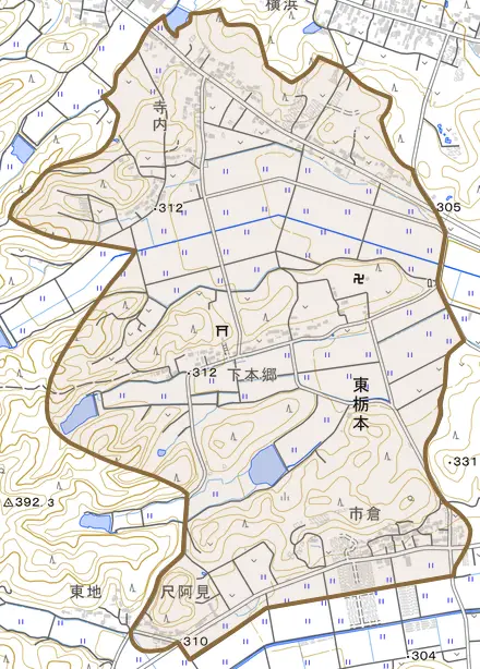 東栃本とその周辺の地図。町の範囲を重ねている
