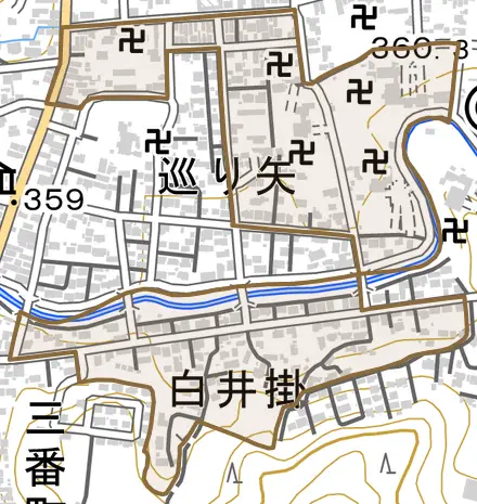 一番町とその周辺の地図。町の範囲を重ねている
