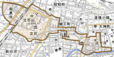 巡り矢とその周辺の地図。町の範囲を重ねている