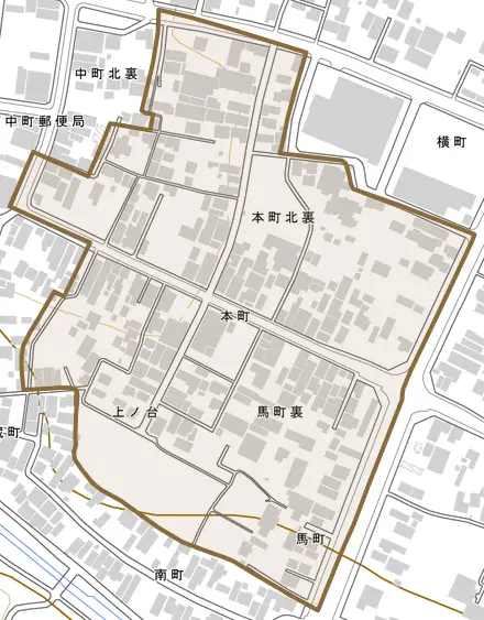 本町北裏とその周辺の地図。町の範囲を重ねている