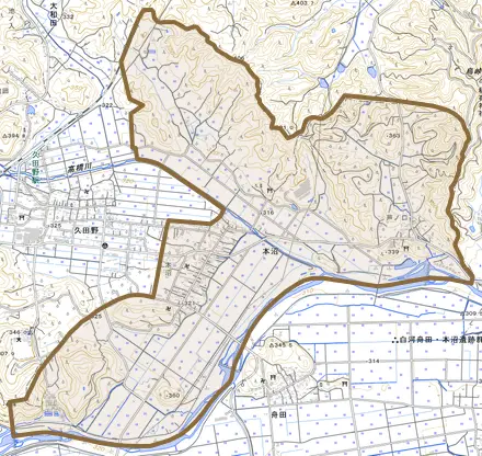 本沼とその周辺の地図。町の範囲を重ねている