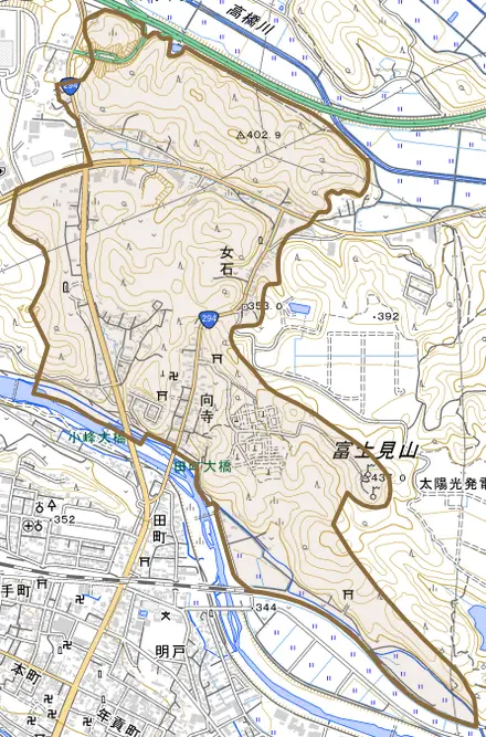 向寺とその周辺の地図。町の範囲を重ねている