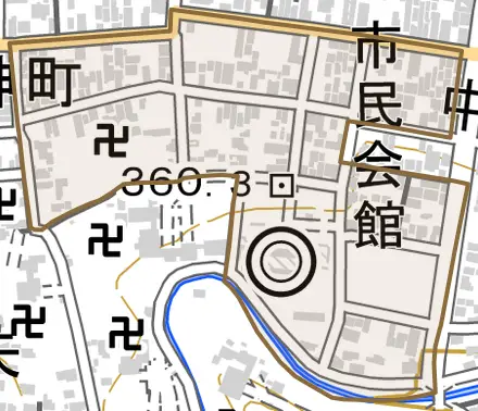 中町とその周辺の地図。町の範囲を重ねている