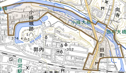 追廻とその周辺の地図。町の範囲を重ねている