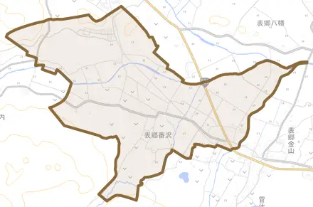 表郷番沢とその周辺の地図。町の範囲を重ねている