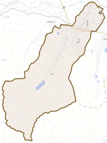 表郷金山とその周辺の地図。町の範囲を重ねている