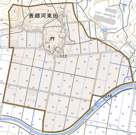 表郷河東田とその周辺の地図。町の範囲を重ねている