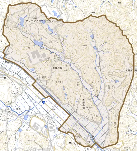 表郷小松とその周辺の地図。町の範囲を重ねている