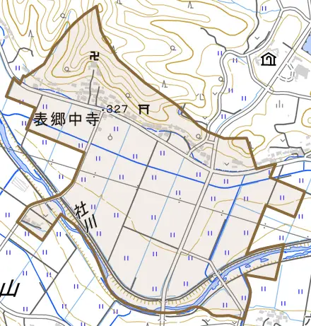 表郷中寺とその周辺の地図。町の範囲を重ねている
