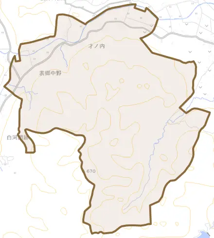 表郷中野とその周辺の地図。町の範囲を重ねている